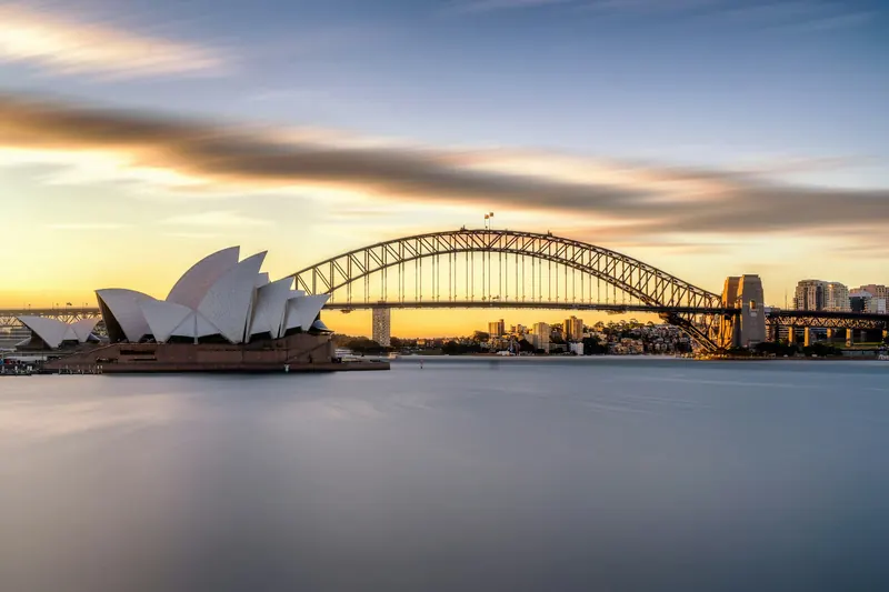 Sydney Opera House and Harbour Bridge at sunset